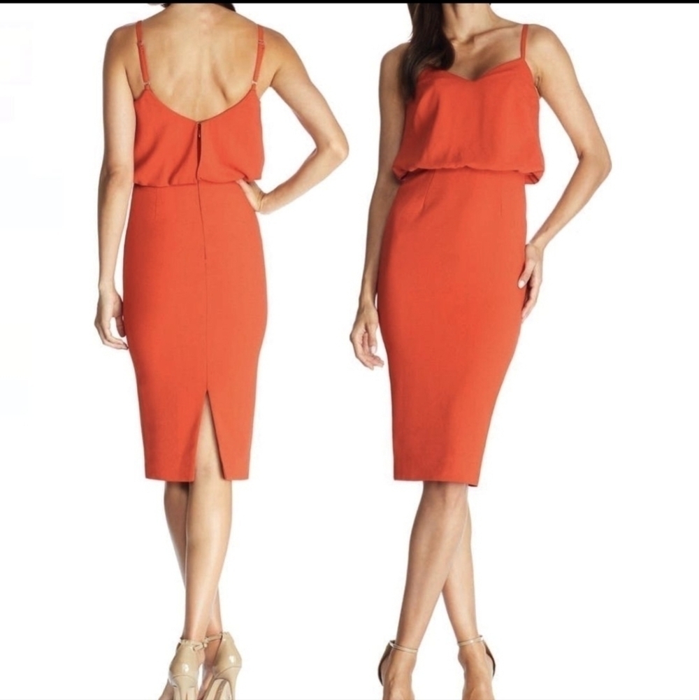 Dress the Population Alondra Orange Popover Sleeveless Midi Sheeth Dress XS